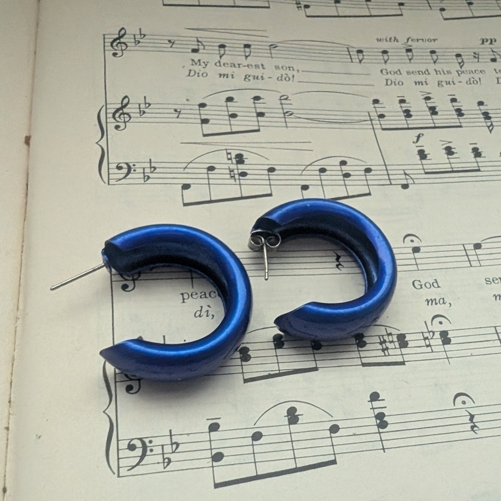 Metallic Blue Crescent Hoop Earrings - Picture 2 of 7